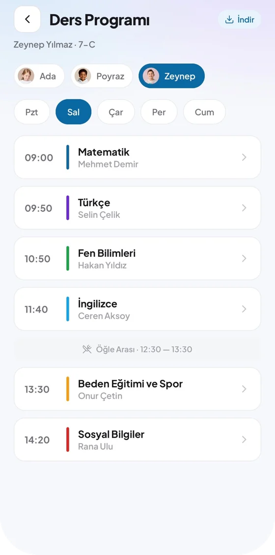 Ders programı ekranı