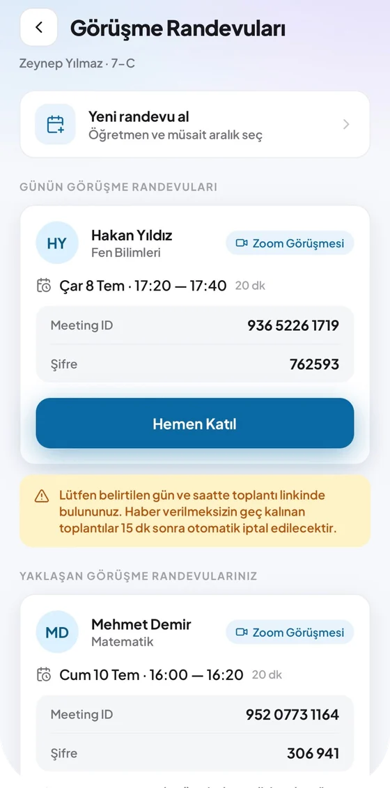 Görüşme randevuları ekranı