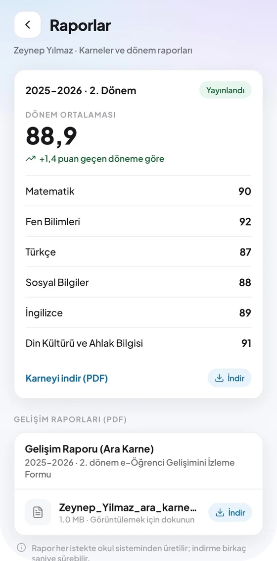 Karne ve raporlar ekranı