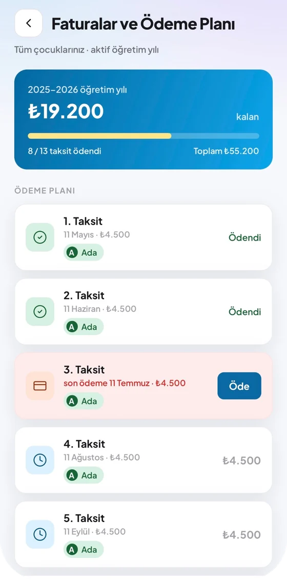 Faturalar ve ödeme planı ekranı